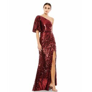 NWT Mac Duggal One Shoulder Sequin Evening Gown Burgundy 4 #A0195